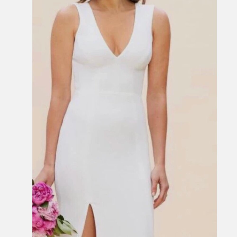 NWT Dress the Population Sandra Plunge Crepe Slit Gown, Off White XS